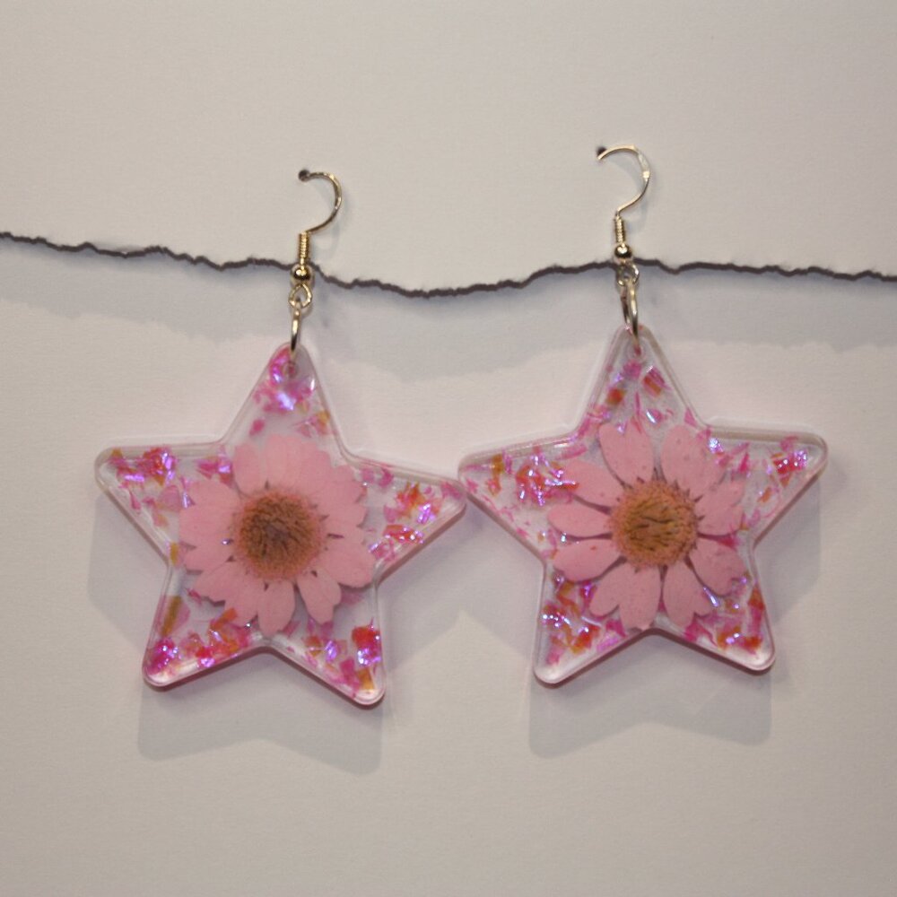 Pink Daisy Reflective Glitter Earrings Hand Crafted
